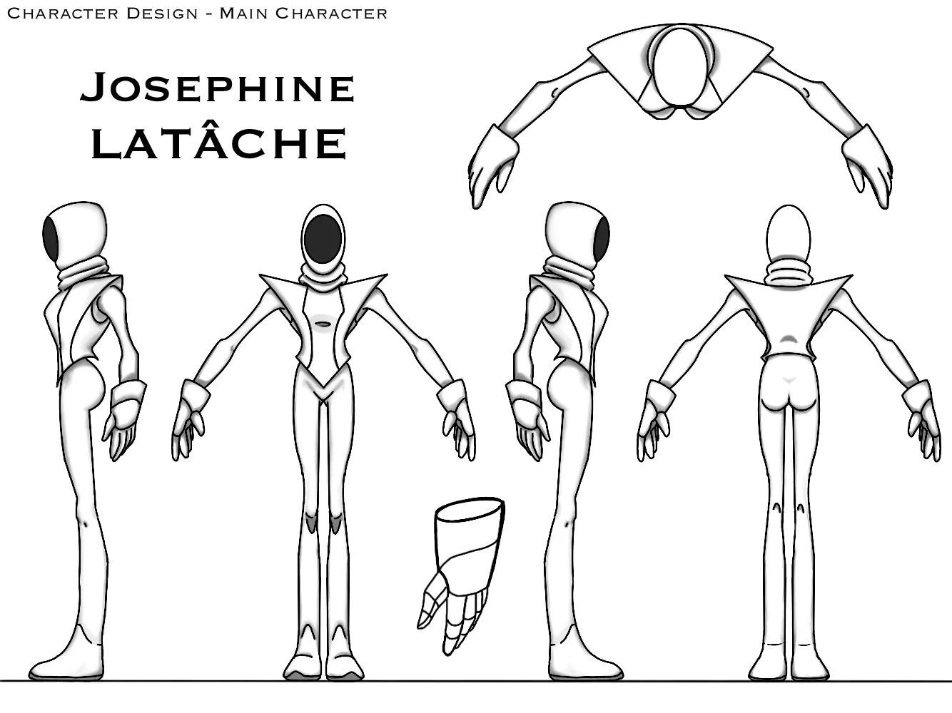 Character design sheet: the main character, Josephine Latâche, from the side, front, back and above
