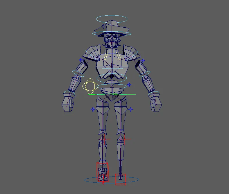 Rig capture: a character in armour and a hat, and its controls