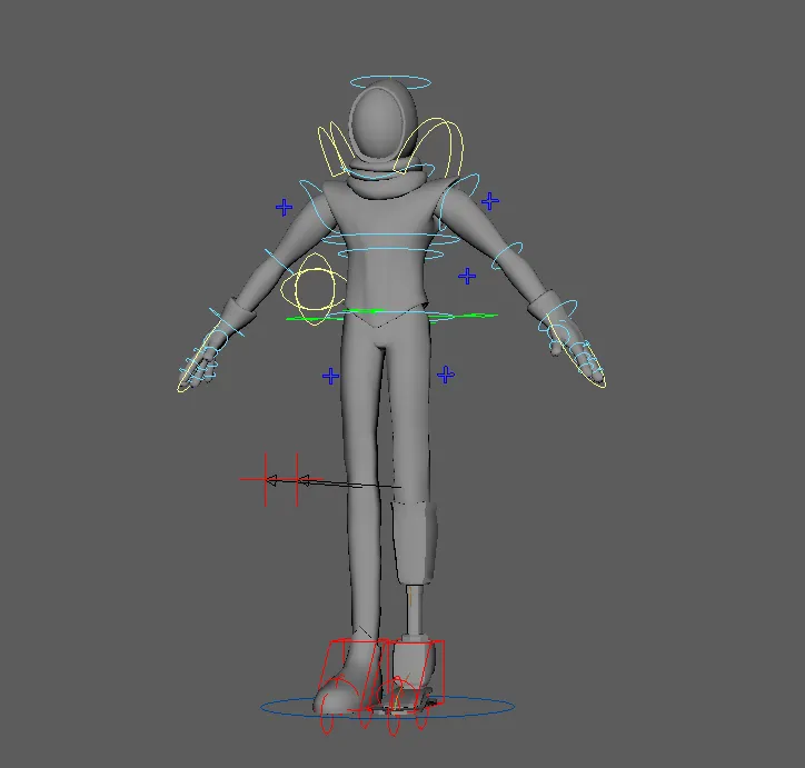 Rig capture: a character in T-pose with a prosthetic leg, and its controls