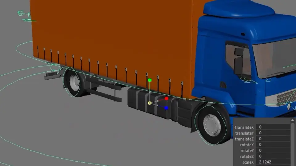A truck rig in the 3D viewport, with its animation controls drawn around the vehicle.